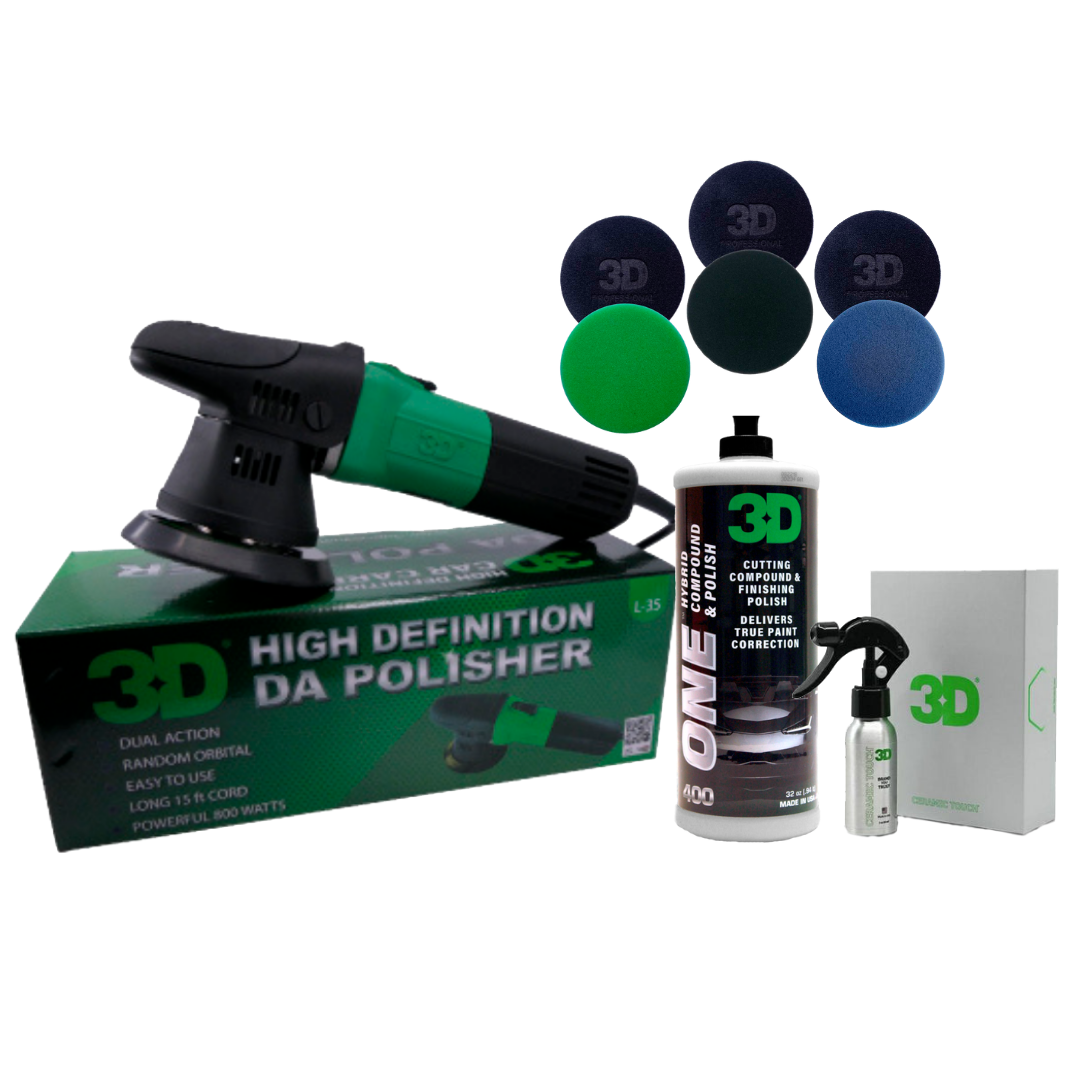 Kit 1 Maquina Dual Action L-35 + 3D one Hybrid 470 ml + 1 Ceramic Touch 60 ml + 1 Pad Green Foam Cutting 5,5" + 1 Pad Gray Foam 5,5 " + 1 Pad Black Foam 5,5" Finishing